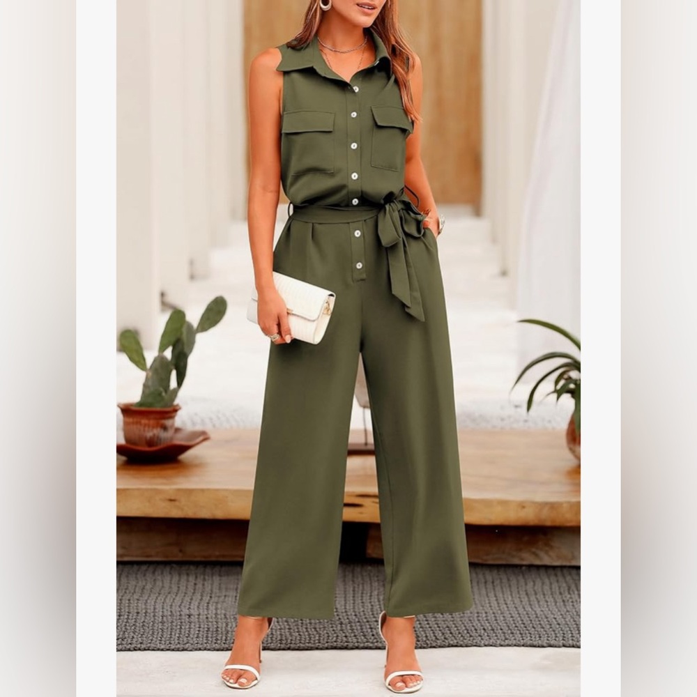 NWT Women's Jumpsuit Dressy Casual Sleeveless Button Up Belted Long Pant Romper